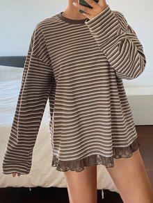 Dazy Tall Women's Round Neck Loose Striped Lace Patchwork Urban Casual T-Shirt - Brown - View 5