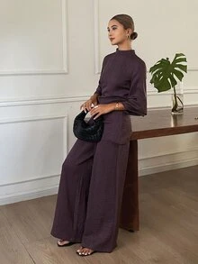 Dazy Tall Solid Color Fitted Waist Drawstring Stand Collar Long Sleeve Pullover Shirt & Wide Leg Pants Elegant Vacation Spring Autumn Women 2pcs Set - Coffee Brown - View 5