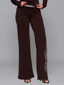 MUSERA Stripe Waistband Graphic Printed Loose Fit Straight Leg Jogger Autumn Fall Winter Daily Back To School Pink Pony - Coffee Brown - View 2