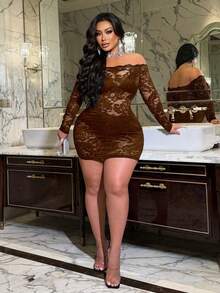 NU&NOW Sexy Lace Sheer Patchwork Off-Shoulder Long Sleeve Dress - Brown - View 2
