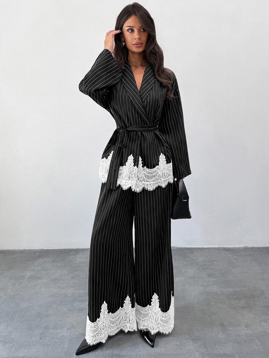 Firerie Women's Elegant 2 Pieces Set With Striped Jacket Featuring Lace Hem And Matching Pants - Black - View 1
