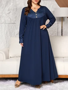 Lacomfia Plus Size Loose Fit Milk Silk Stretch Fabric Dress With Lace Trim Neckline And Cuffs, Polka Dot Print Casual Style, Suitable For Spring And Autumn Daily Wear - Navy Blue - View 1