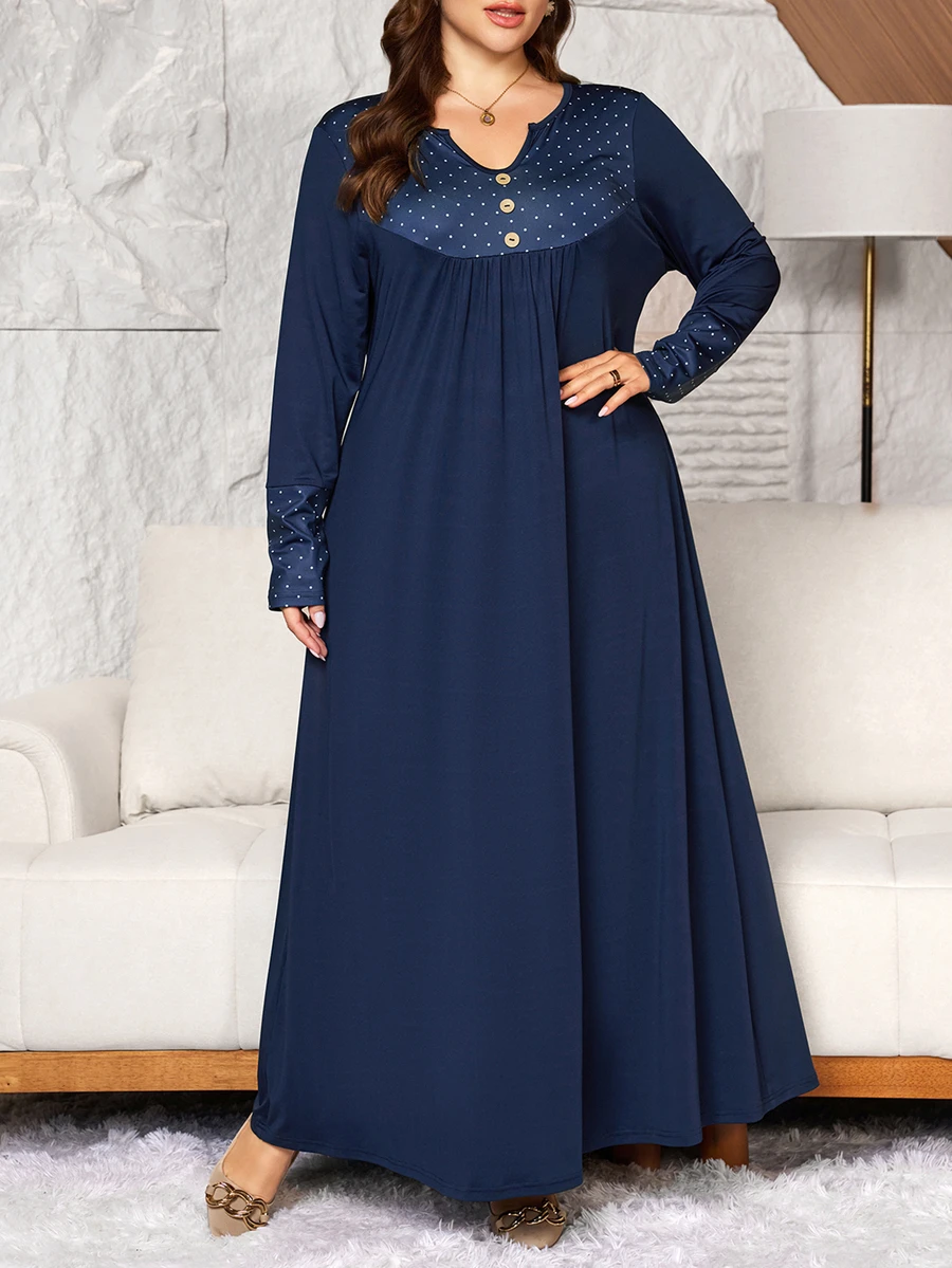Lacomfia Plus Size Loose Fit Milk Silk Stretch Fabric Dress With Lace Trim Neckline And Cuffs, Polka Dot Print Casual Style, Suitable For Spring And Autumn Daily Wear - Navy Blue - View 1