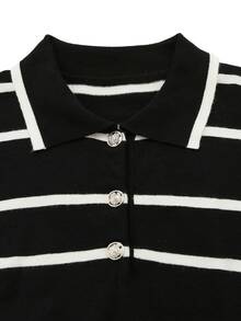 Autumina 優雅休閒學院風 Polo 領針織上衣，適合戶外穿著與攝影，校園黑白條紋秋季日常款 - 黑與白 - 查看 3