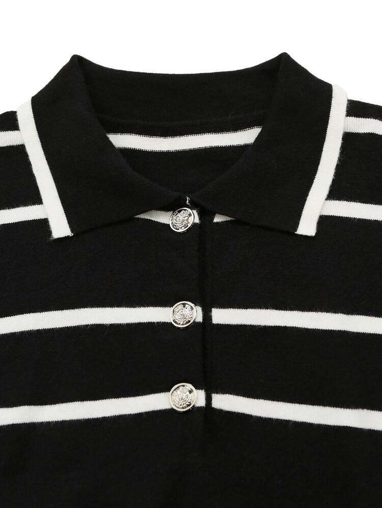 Autumina Elegant Casual Preppy Polo Collar Knit Top, Suitable For Outdoor Wear And Photography, School Black And White Striped Fall Everyday - Black and White - View 3