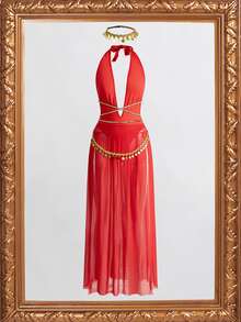 Fantasy Costume Fantasy Costume 女款拼色掛脖上衣與裙子性感服裝 4 件套 - 紅色 - 查看 6