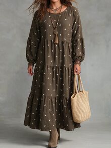 Ceyna 大尺碼女款法式休閒優雅圓領仿刺繡寬鬆長袖洋裝 - 棕色 - 查看 1