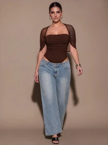 SHEIN BAE CURVE Plus Size Sexy Mesh Ruched Bodysuit For Date And Vacation - Coffee Brown - View 4