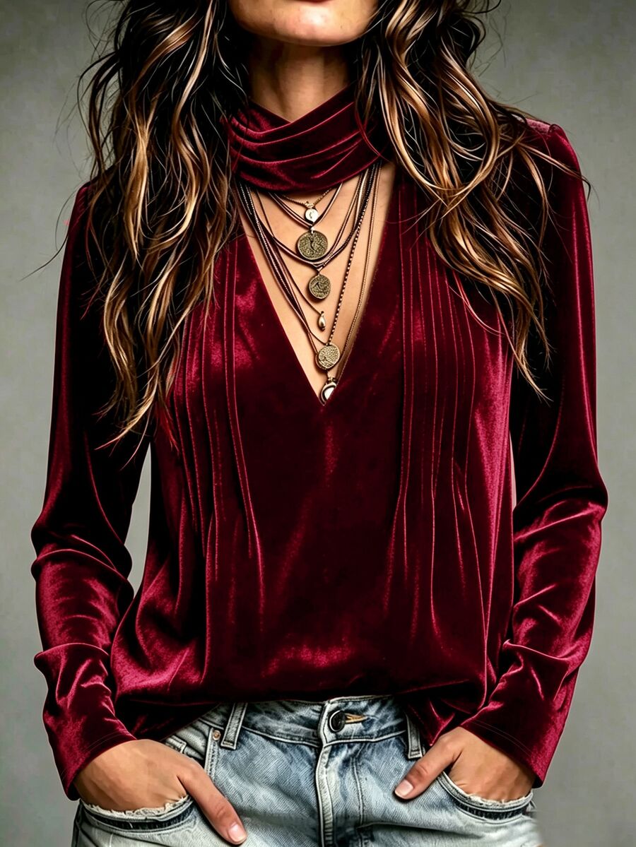 LUMIGAL Autumn/Winter Party Christmas Wine Scarf Decor V-Neck Pleated Design Long Sleeve Loose Fit Women's Top - Multicolor - View 1