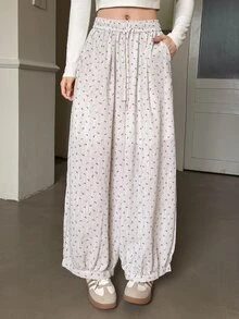 K-Vae Ditsy Floral Lantern Pants Elastic Waist Drawstring Casual Loose Fit Versatile Summer Trousers For Women - Apricot - View 4