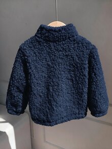 SHEIN 男嬰可愛秋冬百搭毛茸茸杏色刺繡圖案立領夾克 抓絨外套 嬰兒外套 秋冬厚款白色夾克 - 藏蓝色 - 查看 2