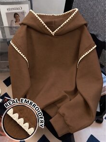 SHEIN 青少年女孩淺灰色連帽衛衣，黑色波浪蕾絲飾邊，寬鬆落肩長袖套頭衛衣，時尚休閒款，適合春/秋季校園與日常穿著 - 棕色 - 查看 4