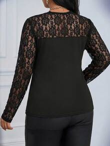 SHEIN Lady Plus Size Women's Rose Mesh Patchwork Round Neck Long Sleeve Elegant T-Shirt For Spring Fall - Black - View 2