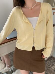 Dazy Plus Plus Size Korean Style Spring/Autumn Jacquard Button Long Sleeve Knit Cardigan - Yellow - View 5