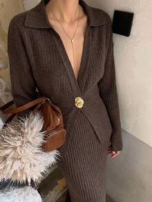 SHEIN Clasi Women's Collared Metal Button Cinched Waist A-Line Cardigan - Mocha Brown - View 6