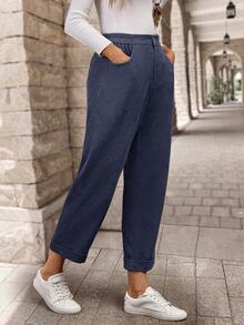 EMERY ROSE Women's Solid Color Pocket Casual Daily Wear Long Pants Everyday Work Navy Blue Autumn - Navy Blue - View 6