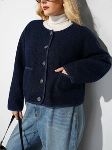 Maija Plus Size Women's Solid Color Casual Daily Wear Wool Blend Coat - Navy Blue - View 3