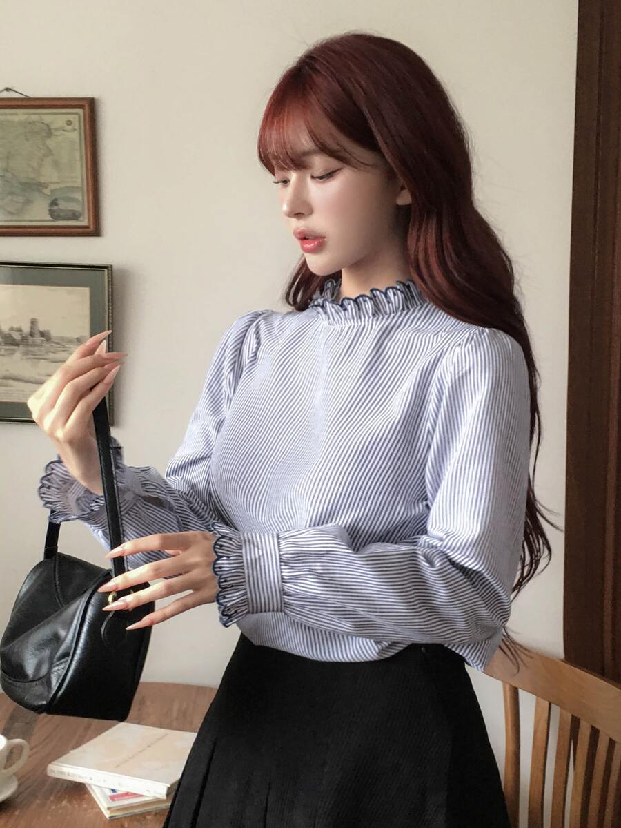 DAZY Striped Loose Pullover Long Sleeve Ruched Ruffle Casual Vacation Korean Style Spring Autumn Blouse For Women - Blue - View 1