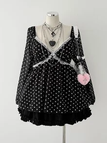 Sunspun Plus Size Polka Dot Ruffle Waist Blouse Sexy V-Neck Sheer Chiffon Lantern Sleeve Shirt - Black - View 1