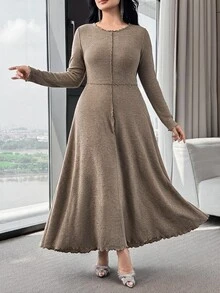 Feyla Plus Size Minimalist Pleated Frill Trim Fashion Versatile Dress - Khaki - View 3