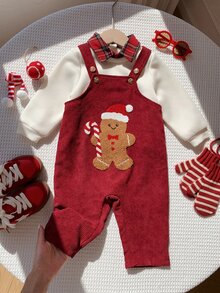 SHEIN 2pcs Baby Boy Autumn/Winter Plaid Shirt Collar Pullover Sweatshirt & Overalls Set, Sweatshirt Set, Overalls Set, Christmas Set, Red Set, Infant Set, Cute Set - Multicolor - View 4