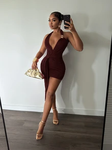 Slaydiva Summer New Elegant Party Sexy Vacation Beach Backless Ruched Twist Red Shiny Ice Silk Women Mini Dress-A - Rust Brown - View 5