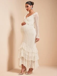 MaterniChic Vestido suave con volantes texturizados para maternidad - Albaricoque - Ver 3