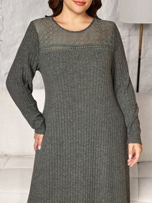 Lacomfia Hollow Lace Patchwork Knit Brushed Ribbed Loose Long Sleeve Dress Casual Minimalist Fashion Elegant Comfortable Plus Size - Fresh Green - View 5
