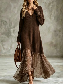 Breezaya Women's V-Neck Long Sleeve Patchwork Floral Print Asymmetric Hem Fashion Dress - Brown - View 3