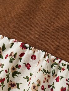 Young Girl Knitted Solid Color Round Neck Patchwork Floral Fitted Casual Autumn/Winter Dress - Multicolor - View 6