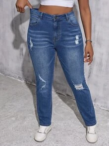 SHEIN MOD Plus Size Fashion Button Pocket Distressed Streetwear Denim Jeans - Medium Wash - View 1
