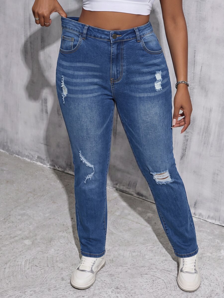 SHEIN MOD Plus Size Fashion Button Pocket Distressed Streetwear Denim Jeans - Medium Wash - View 1