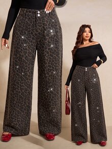 SHEIN MOD Plus Size Women's Leopard Print Casual Daily Wide Leg Denim Jeans - Brown - View 6