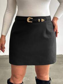 Firerie Plus Size Vintage Metal Buckle Mini Skirt For Date - Black - View 3