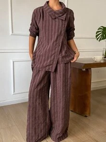 Dazy Tall Women's Striped Tie Front Shirt & Long Pants Casual Two Pieces Set - Brown - View 3