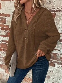 Reflora Plus Size Women Solid Color Casual Daily Sweatshirt - Brown - View 6