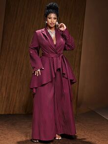 Maweii Plus Size Sexy Burgundy Striped Asymmetrical Hem Blazer And Pants Set - Burgundy - View 4