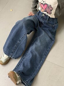 DAZY 青少年女孩寬腿寬鬆休閒百搭牛仔褲，附口袋 - 深色水洗藍 - 查看 1