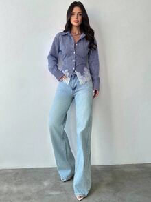 Firerie 女款藍白條紋長袖襯衫，腰部繫帶後背設計，日常通勤、度假，修身版型，春夏秋冬皆宜，優雅法式風 - 藏蓝色 - 查看 8
