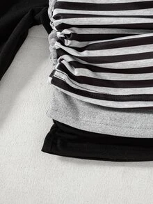 Setelan 3 Potong untuk Anak Perempuan Remaja, Atasan Lengan Panjang Berkerut Kerah Bulat Warna Polos Hitam dengan Celana Panjang Model Flare Elastis Warna Kontras, Aneka Warna, Musim Gugur - Merah - View 5