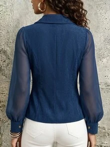 LUMIGAL Blus Kasual Wanita dengan Motif Jala dan Patchwork untuk Pemakaian Sehari-hari - Navy Blue - View 2