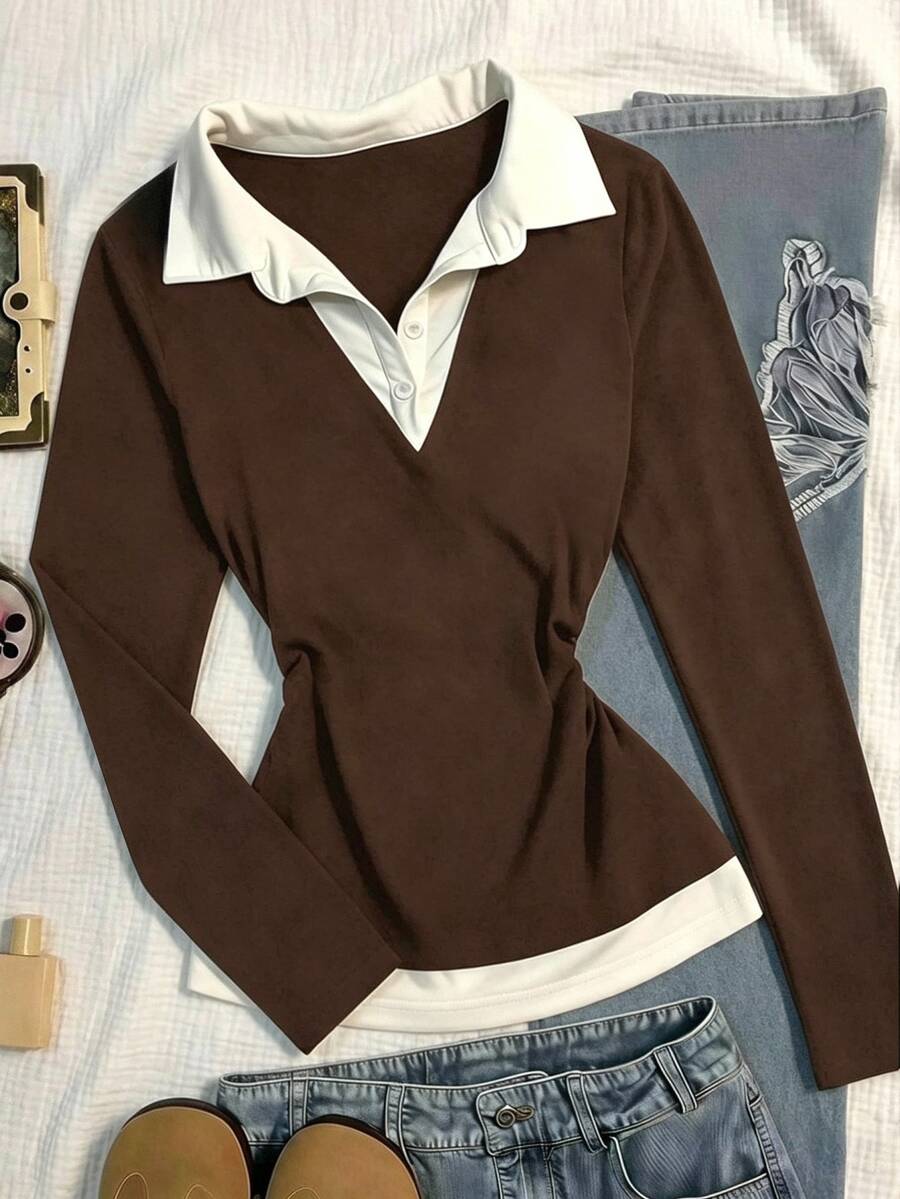 SHEIN 青少年女孩春秋冬新款棕色與白色領口休閒學院風長袖T恤,返校季對比色襯衫領長袖休閒雙穿上衣 - 棕色 - 查看 1