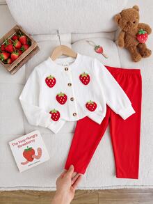 SHEIN Baby Girl Contrast Color 3D Embroidered Strawberry Decor Elastic Ribbed Thick Textured Fabric Cardigan Top And Elastic Brushed Base Layer Long Pants Set, Suitable For Winter - Red and White - View 3