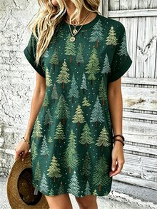 Selamara 大尺碼女款聖誕樹印花圓領短袖休閒洋裝 - 彩色 - 查看 1