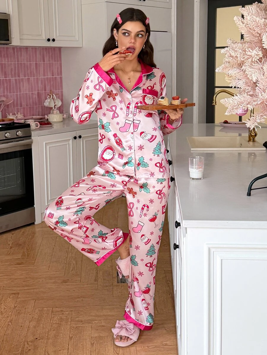 SweetSlumber PJS8 女款緞面數位印花睡衣套裝 - 粉色 - 查看 1