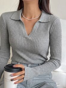 DAZY 女款素色休閒日常穿著長袖針織衫 - 淺灰色 - 查看 5
