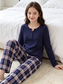 1 Set Girls' Plaid Pajama Set, Navy Blue Solid Color Half-Button Top, Blue & White Classic Plaid Print Pants, Soft Skin-Friendly Woven Fabric, Smooth Drape Comfortable (1 Set Sold Separately) - Multicolor - View 6