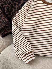 3 Random Pcs Girls' American College Style Bow Detail Brown Striped Crew Neck Sweatshirt, Cute Drop Shoulder Pullover Top For Big Tween Girl, New Leopard Print Pattern, Solid Color All-Match Versatile Sweatshirt, Suitable For Autumn/Winter Outdoor Wear - Multicolor - View 5
