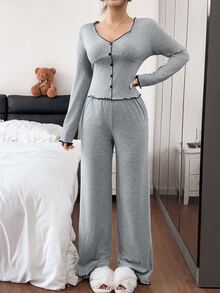 Napfluff Autumn/Winter Women's Casual Loungewear Set, Fashionable V-Neck Comfortable Fabric Wearable Home Outfit - Grey - View 2