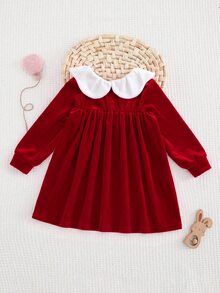 SHEIN Infant Girl Cute Corduroy Red Peter Pan Collar Colorblock Dress - Burgundy - View 6
